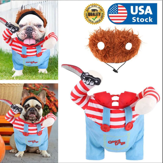 Dog wearing Chucky horror doll costume with toy knife prop