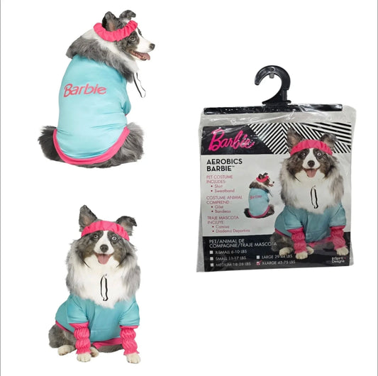 Dog wearing pink Barbie Aerobics costume with headband