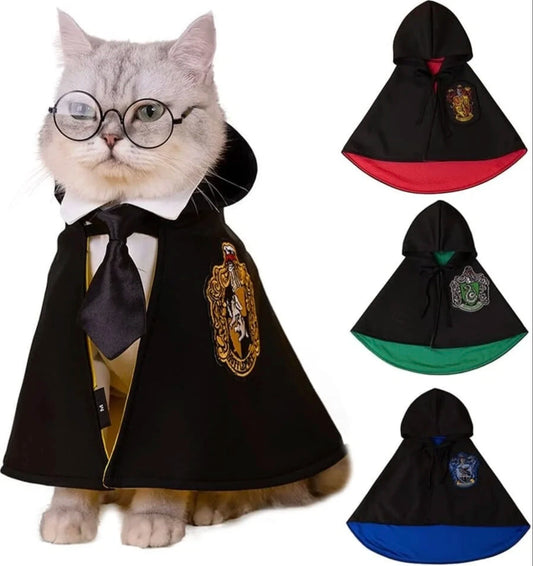 Cat wearing Hugssnpaws Wizard Cape Costume with magic hat