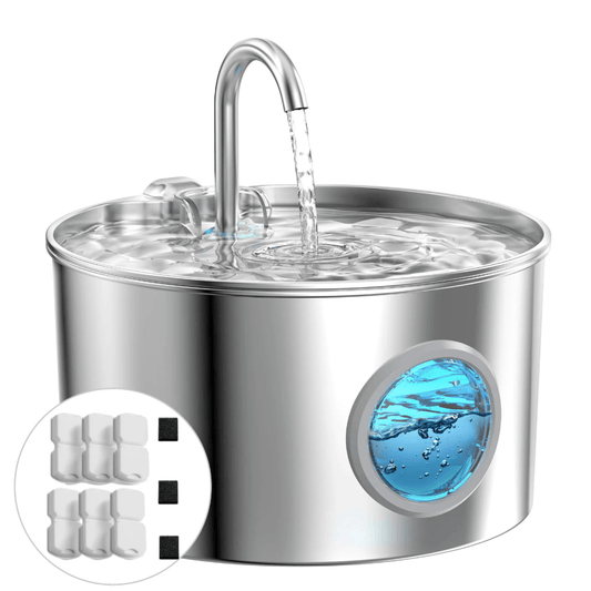 Hugssnpaws Stainless Steel Cat Water Fountain on kitchen counter