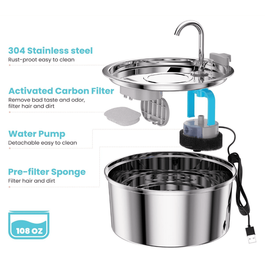 Hugssnpaws Stainless Steel Cat Water Fountain on kitchen counter