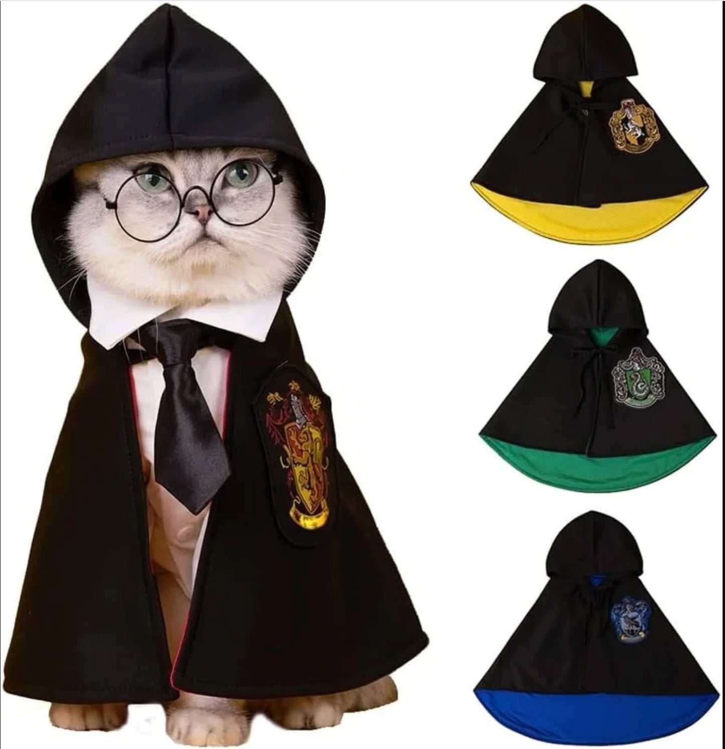 Cat wearing Hugssnpaws Wizard Cape Costume with magic hat