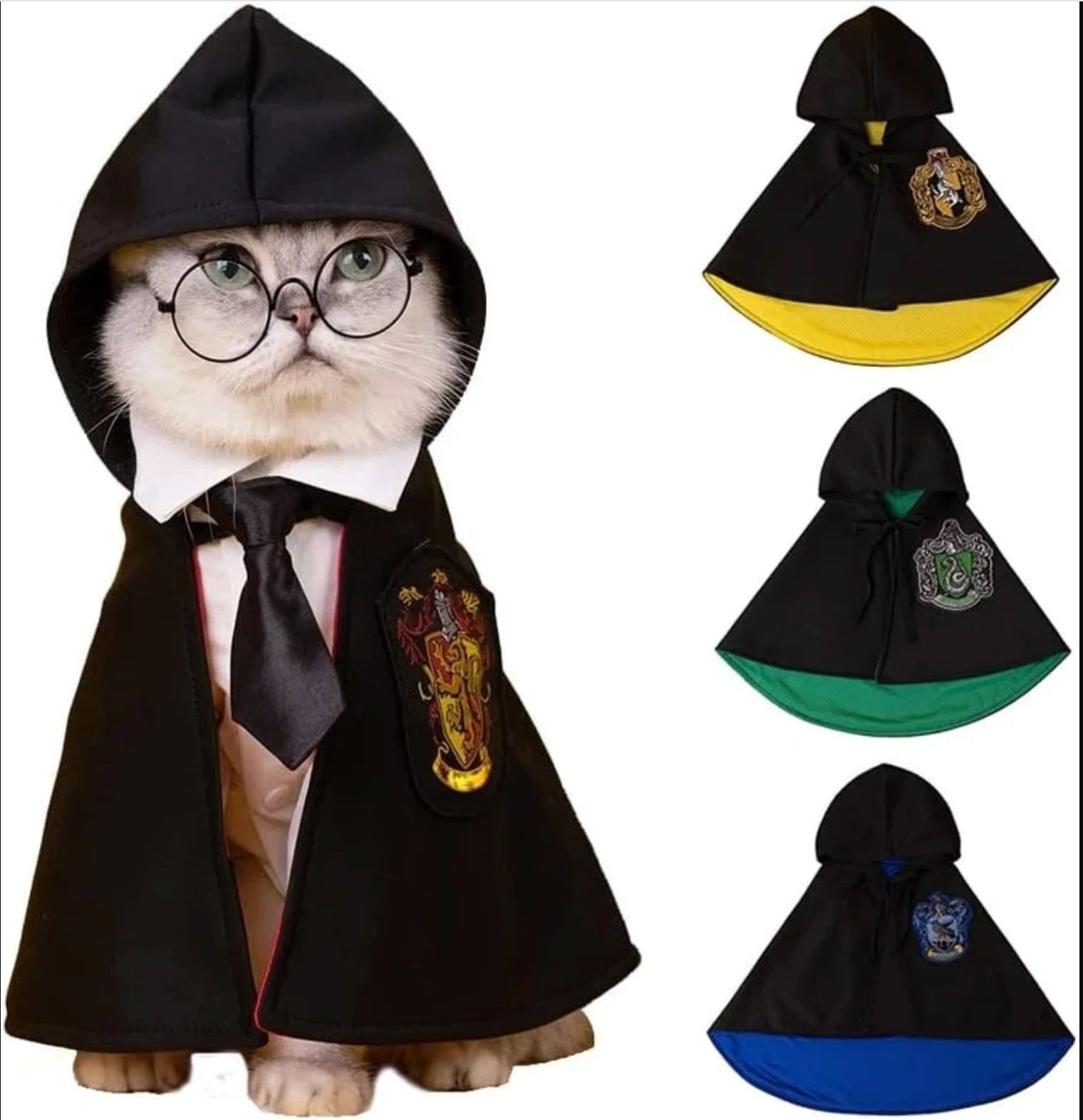 Cat wearing Hugssnpaws Wizard Cape Costume with magic hat