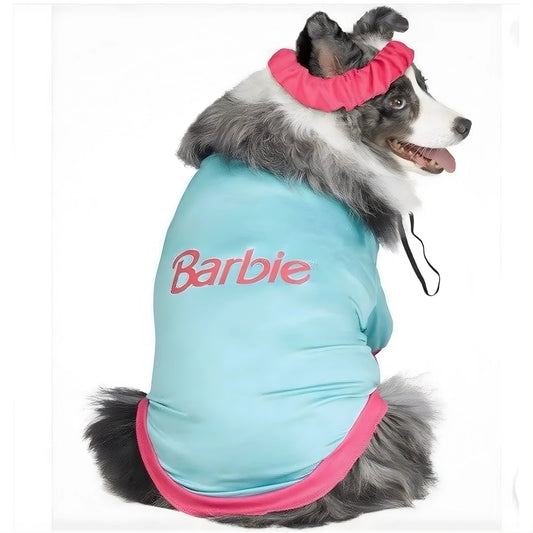 Dog wearing pink Barbie Aerobics costume with headband