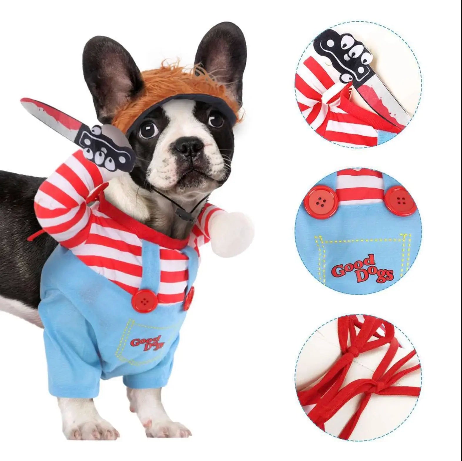 Dog wearing Chucky horror doll costume with toy knife prop