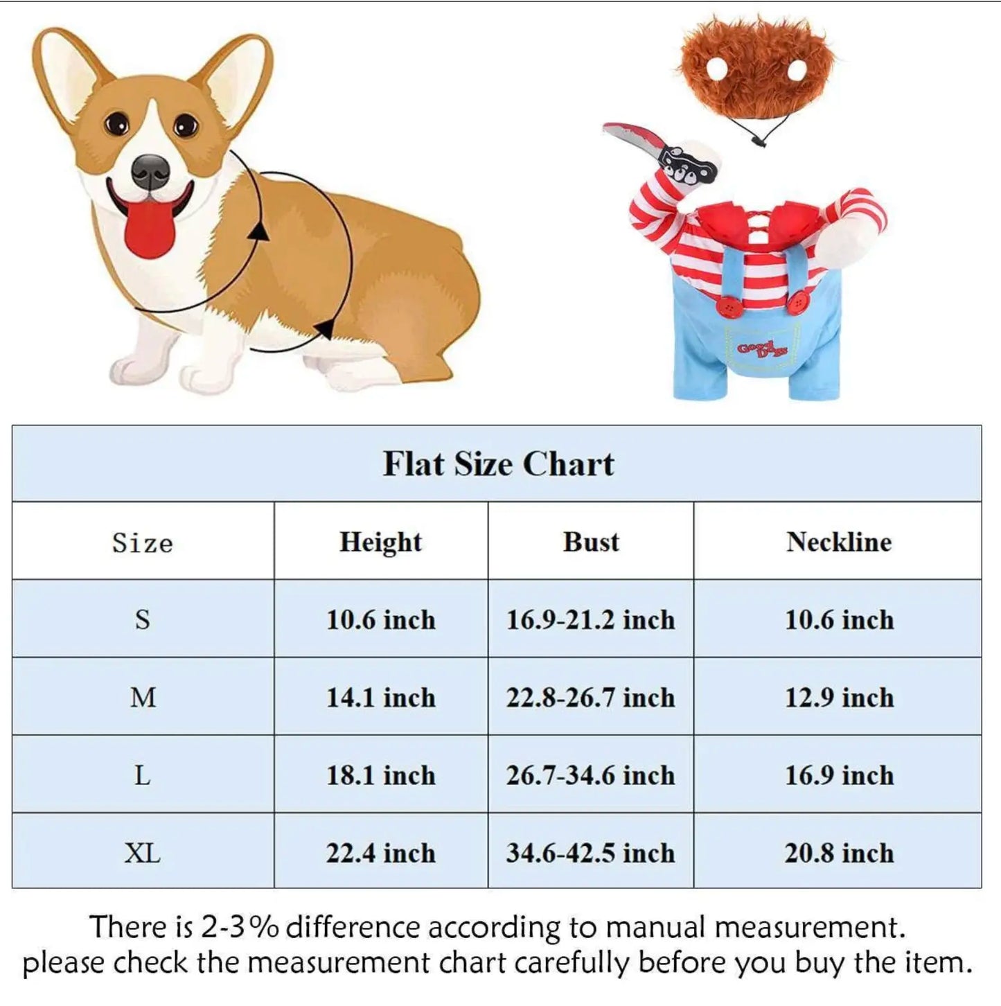 Dog wearing Chucky horror doll costume with toy knife prop